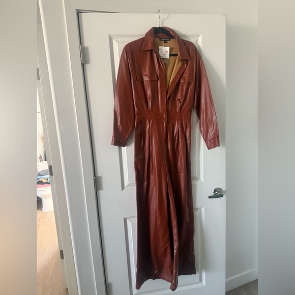 Jealous Tomato Pants - Jealous Tomato Orange Brown Leather Jumpsuit with Collared Neckline